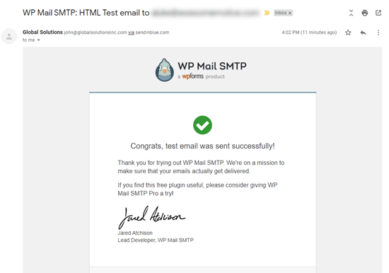 L'email di prova da WP Mail SMTP nella nostra casella di posta