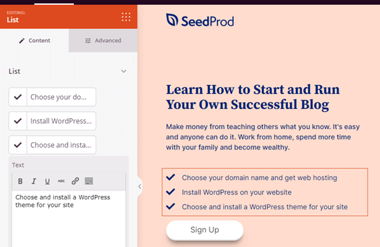 A list block in SeedProd