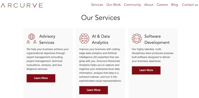 An example of a services section with CTA buttons