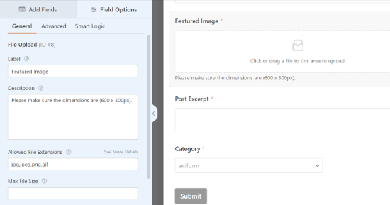 Editing the File Upload field in WPForms Change featured image form field settings