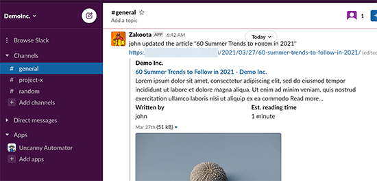 Уведомление WordPress, отображаемое в канале Slack