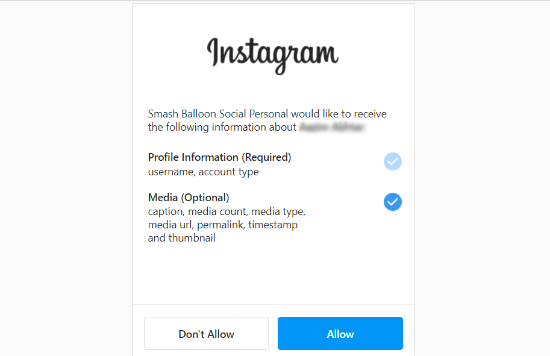 Allow Smash Balloon to access Instagram account