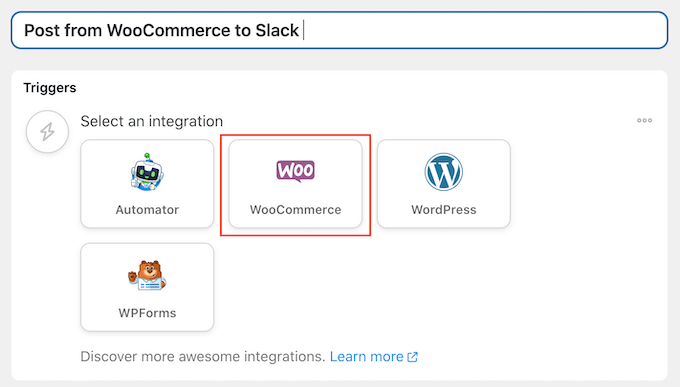 Выбор WooCommerce в качестве триггера для автоматического рецепта Slack