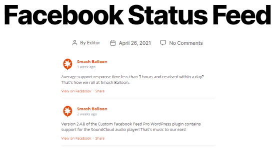 Example of a custom Facebook status feed