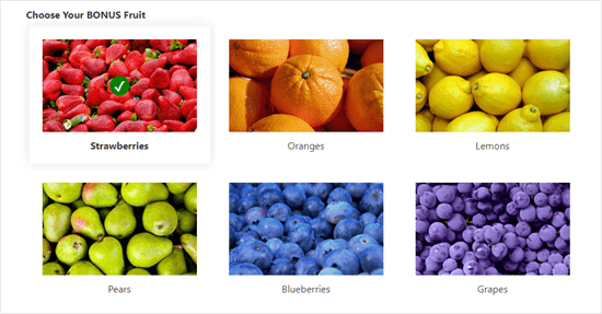 Un esempio di scelte di immagini in uso in un modulo: mostra immagini colorate per 6 opzioni di frutta