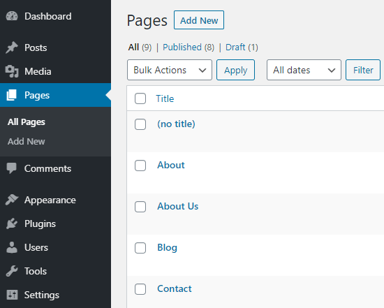 Viewing the list of pages on your website