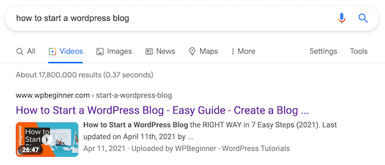 WordPress video SEO search results page