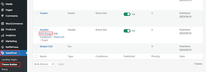 Modifying the header design template