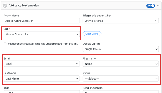 Map form fields to your email list