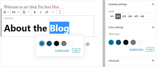 Changing the text color of a heading block in WordPress