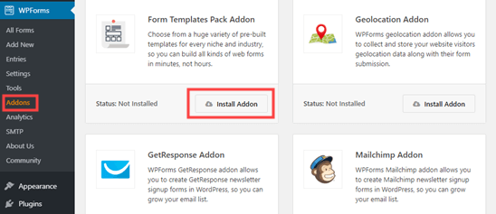 Installing the WPForms form template pack addon