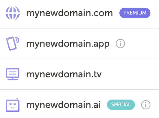 Domain name extension list sample