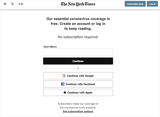 New York Times chiede un indirizzo e-mail ma non un pagamento