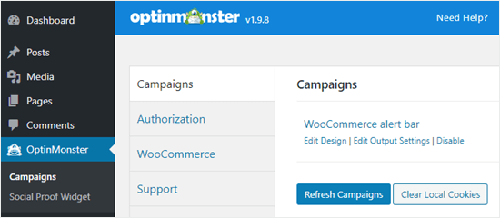Обновление списка кампаний в приборной панели WordPress