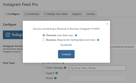 Select whether you're using a personal or business Instagram account