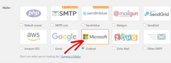 Выберите опцию Outlook Mailer