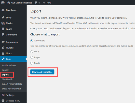 The Export tool in the WordPress dashboard