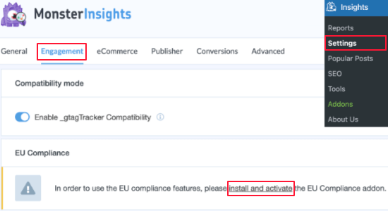 MonsterInsights Install and Activate EU Compliance Addon
