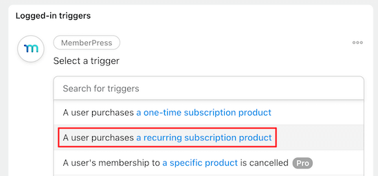Select recurring subscription trigger