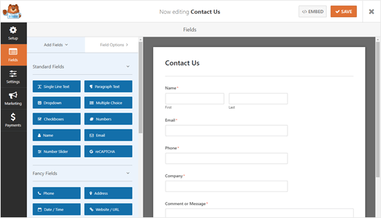 The Contact Us form with the extra fields, in the WPForms form builder