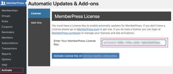 Введите лицензионный ключ MemberPress