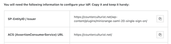 Copy entity ID and ACS URL