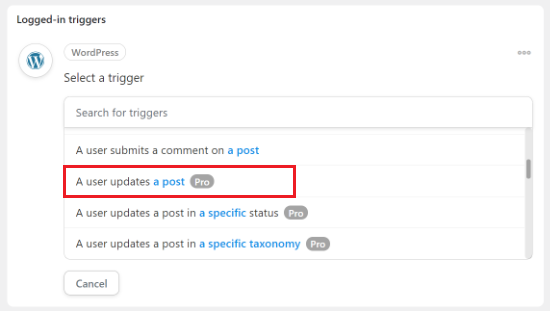 Select a user updates a post trigger