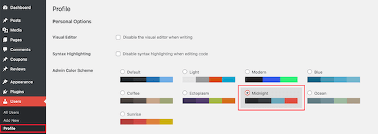 Select new admin color scheme