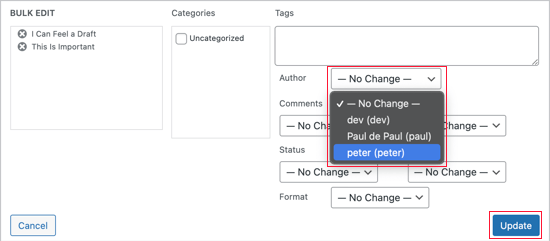Click on the drop-down menu next to the author