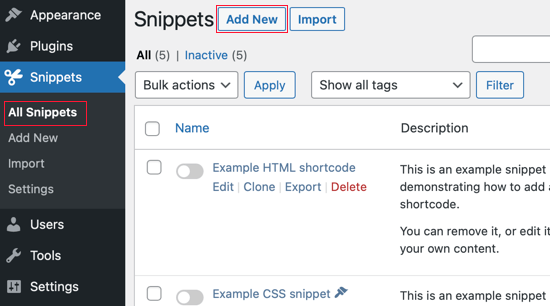 Click the Add New Button to Add a Custom Code Snippet