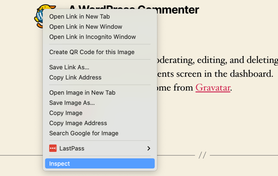 Right Click on the Gravatar in Your Browser and Click Inspect