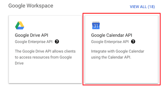 Выберите Google Calendar API