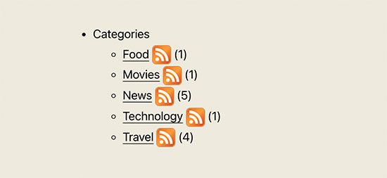 Список категорий с иконкой подписки на RSS-канал