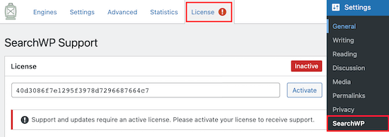 Enter SearchWP license key