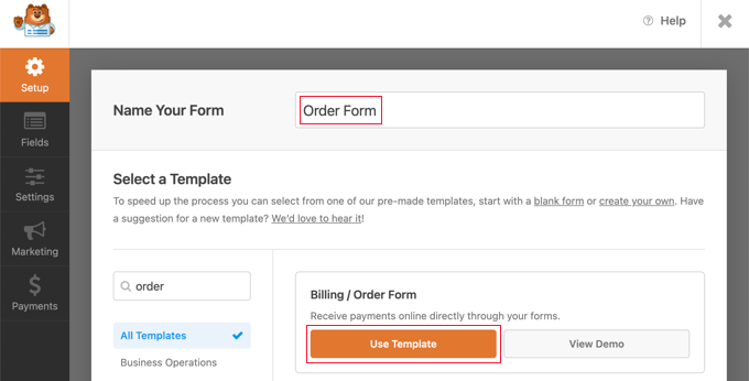 Выберите шаблон 'Billing / Order Form'