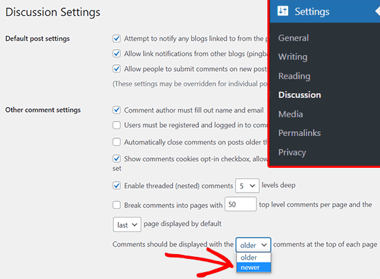 New comments first option in WordPress settings