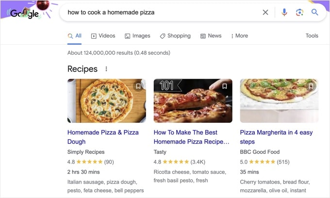 Recipe snippet in Google