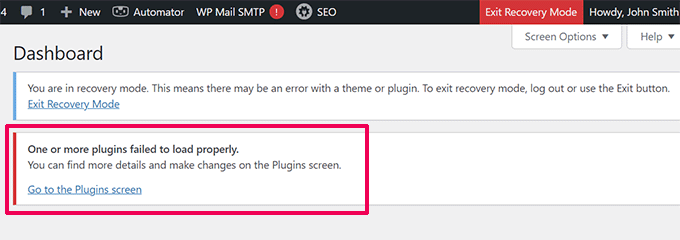 WebHostingExhibit wp-recovery-mode-dashboard How to Fix The Critical Error in WordPress (Step by Step)  