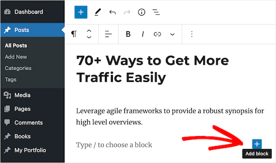 Click add block for page content