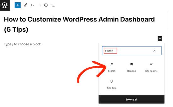 Adding the search block to a WordPress post