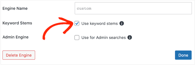 Changing the stem search settings for your website