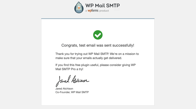WP Mail SMTP Успех! Email