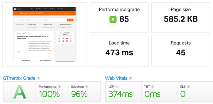 WPBeginner Speed Test results from Pingdom and GTMetrix