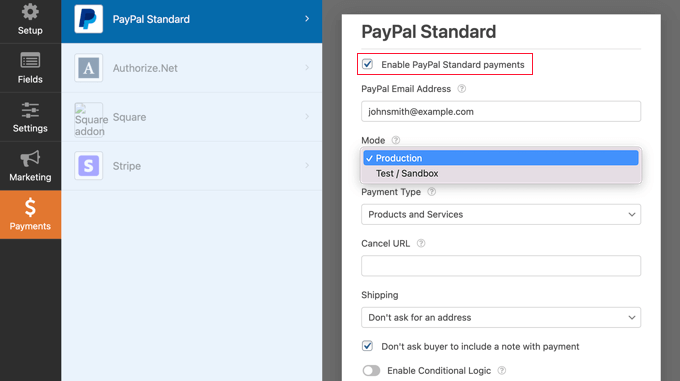 Установите флажок в поле Включить стандартные платежи PayPal
