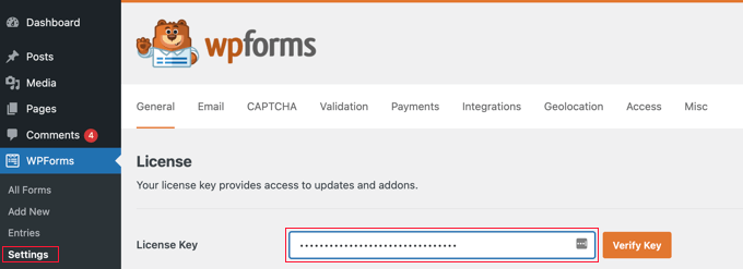 Введите лицензионный ключ WPForms