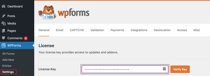 Enter your WPForms license key