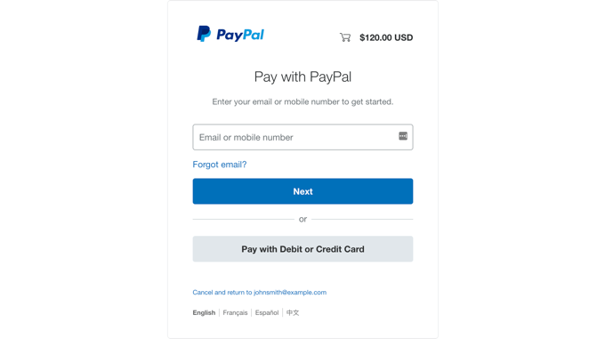 Экран оплаты с помощью PayPal
