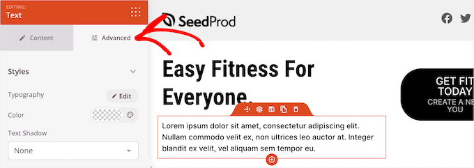Click advanced tab in SeedProd builder