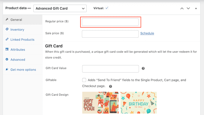 Setting a price for your WooCommerce gift card