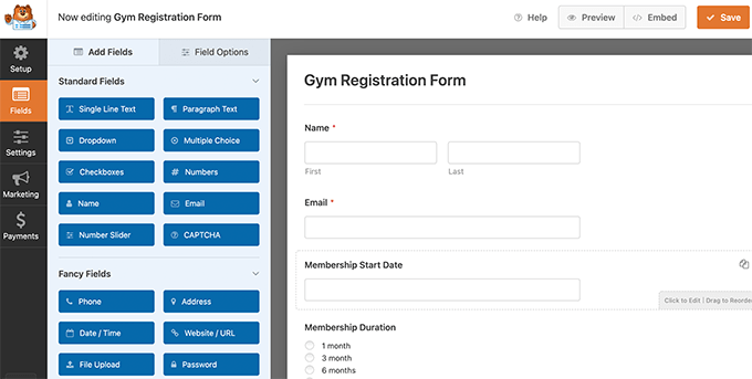 Форма регистрации в спортзале
